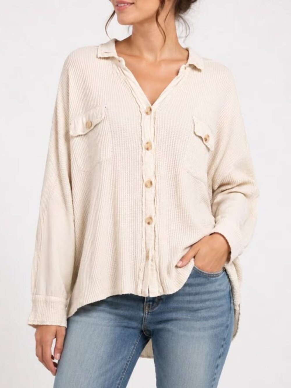 NWOT Free People FP One Women's Cream Scout Waffle Knit Oversized Shacket Medium